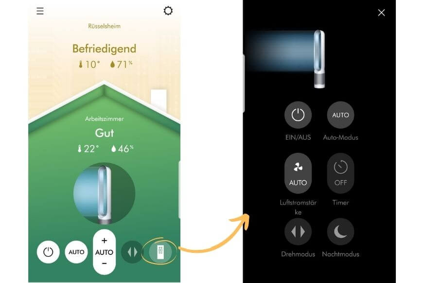 Die Bedienung vom Dyson Pure Cool Link TP02 Luftreiniger in der Dyson Link App
